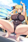  1girl armpits bardiche_(nanoha) barefoot black_leotard black_ribbon blonde_hair breasts commentary_request day fate_testarossa hair_ribbon highres holding holding_weapon huge_breasts leotard long_hair looking_at_viewer lyrical_nanoha magical_girl mahou_shoujo_lyrical_nanoha mahou_shoujo_lyrical_nanoha_strikers open_mouth outdoors ribbon shirokuma_a smile solo spread_legs standing teeth twintails upper_teeth_only v very_long_hair weapon yellow_eyes 