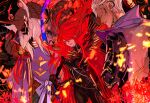  1girl 2boys absurdres akechi_mitsuhide_(fate) bad_id bad_pixiv_id bodysuit cape character_request collared_cape enilefilnoztlaw fate/grand_order fate_(series) floating_hair gloves hair_over_one_eye highres long_hair multiple_boys oda_nobunaga_(fate) oda_nobunaga_(maou_avenger)_(fate) popped_collar red_cape red_eyes red_hair smile white_hair 