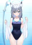  1girl absurdres animal_ear_fluff animal_ears bare_shoulders blue_archive blue_eyes blue_one-piece_swimsuit blush breasts collarbone covered_navel cross_hair_ornament extra_ears goyain grey_hair hair_ornament halo highleg highleg_swimsuit highres looking_at_viewer medium_breasts medium_hair multicolored_clothes multicolored_swimsuit one-piece_swimsuit shiroko_(blue_archive) shiroko_(swimsuit)_(blue_archive) sidelocks smile solo swimsuit thighs towel wolf_ears 