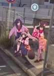 3girls absurdres animal_ear_fluff animal_ears black_gloves blue_archive breasts brown_hair cardigan cleavage double_v fence fishnets fox_ears fox_girl gloves grey_hair hair_ornament halo high_school_girls_posing_for_google_street_view_(meme) highres izuna_(blue_archive) long_hair meme michiru_(blue_archive) momotetsuu multiple_girls outdoors photo-referenced photo_background pink_halo pleated_skirt purple_hair road_sign sailor_collar sidewalk sign skirt tail tsukuyo_(blue_archive) twintails v 
