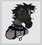  2024 anthro asht0n black_collar black_hair black_harness border brown_body brown_fur bust_portrait canid canine clothed clothing collar digital_media_(artwork) fur gas_mask grey_background grey_border hair harness hi_res male mammal mask portrait simple_background solo spiked_collar spikes 