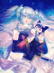  1girl :d black_shirt black_sleeves blue_background blue_eyes blue_hair cowboy_shot creature detached_sleeves floating_hair gloves hair_ornament hatsune_miku highres holding holding_creature kuromi liujiang2020 long_hair mittens open_mouth sanrio scarf shirt skirt sleeveless sleeveless_shirt smile snowflakes standing twintails two-tone_background very_long_hair vocaloid white_gloves white_scarf white_skirt winter_clothes 