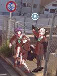  3girls aqua_neckerchief black_footwear black_gloves black_pantyhose blush brown_dress brown_footwear brown_hair chain-link_fence closed_mouth commentary_request day double_v dress fence fujishima_megumi full_body gloves google_maps google_street_view green_eyes half_gloves hasu_no_sora_school_uniform high_school_girls_posing_for_google_street_view_(meme) highres link!_like!_love_live! loafers long_hair long_sleeves looking_at_viewer love_live! meme multiple_girls myuu_(mmyu_ull) neckerchief otomune_kozue outdoors pantyhose photo_background pleated_dress purple_eyes purple_hair red_eyes sailor_collar school_uniform shoes short_hair side_ponytail sidelocks sidewalk smile standing standing_on_one_leg tactile_paving tongue tongue_out v white_hair white_sailor_collar winter_uniform yugiri_tsuzuri 