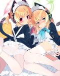  2girls animal_ear_headphones animal_ears ass black_dress blonde_hair blue_archive blush cat_tail closed_mouth dress fake_animal_ears frilled_dress frills handheld_game_console headphones holding holding_handheld_game_console koori long_sleeves looking_at_viewer maid maid_headdress midori_(blue_archive) midori_(maid)_(blue_archive) momoi_(blue_archive) momoi_(maid)_(blue_archive) mouth_hold multiple_girls panties pantyhose red_eyes short_hair siblings simple_background sisters tail thighhighs twins underwear white_background white_panties white_pantyhose white_thighhighs 