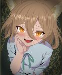  1girl :d absurdres animal_ear_fluff animal_ears blonde_hair blush breasts commentary_request double-parted_bangs evil_smile eyelashes fang film_grain fox_ears fox_girl green_background green_ribbon hair_between_eyes hand_on_own_cheek hand_on_own_face hand_up highres kudamaki_tsukasa leaning_forward looking_at_viewer nara_(gsx250r_anzio) open_mouth orange_eyes raised_eyebrows ribbon short_sleeves simple_background sleeve_ribbon small_breasts smile solo straight-on teeth tongue touhou tsurime upper_body vignetting white_romper 
