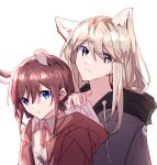  2girls absurdres animal_ears blue_eyes cat_ears commentary drawstring girls_band_cry grey_hoodie hashtag-only_commentary hibioes highres hood hoodie iseri_nina jacket kawaragi_momoka kemonomimi_mode light_brown_hair mouse_ears multiple_girls neck_ribbon parted_lips pink_eyes plant_roots red_hair red_jacket ribbon shirt short_twintails simple_background twintails white_background white_shirt 