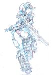  1girl caterpillar_tracks colored_pencil_(medium) commentary_request elbow_gloves frame_arms_girl gloves gourai gun headgear highres kumichou_(ef65-1118-ef81-95) lineart looking_at_viewer looking_back mecha_musume panties rifle short_hair shoulder_cannon sketch solo striped_clothes striped_panties thighhighs traditional_media underwear weapon white_background 