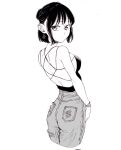  1girl backless_outfit bad_id bad_pixiv_id black_hair closed_mouth cross cross_earrings dende_(dndn222) earrings facing_away greyscale hair_behind_ear high-waist_pants highres jewelry looking_at_viewer looking_back medium_bangs monochrome original pants scan scan_artifacts short_hair solo standing traditional_media 