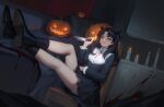  1girl bare_legs black_dress black_footwear black_hair black_nails blood blood_on_knife blue_eyes boots candle chair cross cross_print dark_persona dress english_commentary evil_grin evil_smile fate/stay_night fate_(series) feet_up full_body grin halloween holding holding_knife iamc95 indoors jack-o&#039;-lantern knife latin_cross long_hair long_sleeves looking_at_viewer pleated_dress sitting smile solo thighs tohsaka_rin two_side_up v-shaped_eyebrows 