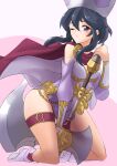  1girl armor axe bare_shoulders belt black_hair boots bracer breastplate cape deekei fire_emblem fire_emblem:_genealogy_of_the_holy_war fire_emblem_heroes hat highres holding holding_axe holding_weapon kneeling larcei_(fire_emblem) legs looking_at_viewer official_alternate_costume one_eye_closed pelvic_curtain purple_tunic sidelocks simple_background solo thighlet thighs tunic weapon 