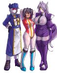  3girls arms_behind_head black_hair black_necktie blue_hat blue_jacket bodysuit boots breasts collared_shirt earpiece genderswap genderswap_(mtf) grey_footwear grey_hair grey_shirt hat high-waist_skirt highres humanization jacket jiatang large_breasts long_hair mask medium_breasts mouth_mask multicolored_bodysuit multicolored_clothes multiple_girls necktie one_eye_covered orange_necktie purple_footwear purple_hair purple_jacket purple_shirt purple_skirt red_bodysuit red_eyes robot_ears shirt shockwave_(transformers) simple_background skirt small_breasts smile soundwave_(transformers) starscream sunglasses thigh_boots transformers very_long_hair white_background white_bodysuit 