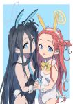  2girls absurdly_long_hair absurdres animal_ears arado_balanga_(xchd7538) aris_(blue_archive) bad_id bad_pixiv_id black_hair black_leotard blue_archive blue_eyes blue_halo blush bow breasts detached_collar fake_animal_ears fake_tail hair_bow halo highres leotard long_hair looking_at_viewer multiple_girls open_mouth rabbit_ears rabbit_tail red_hair small_breasts tail third-party_source very_long_hair white_bow white_leotard wrist_cuffs yellow_halo yuzu_(blue_archive) 