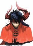  1boy 200_percent absurdres black_hair black_shirt cloak demon_horns fangs fangs_out final_fantasy final_fantasy_vii final_fantasy_vii_rebirth final_fantasy_vii_remake furrowed_brow hair_between_eyes headband highres horns long_hair looking_at_viewer male_focus portrait red_cloak red_eyes red_headband red_horns shirt solo spiked_hair upper_body vincent_valentine white_background 