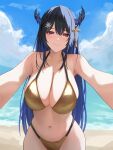  1girl absurdres asymmetrical_horns beach bikini black_hair blue_hair blue_sky blush breasts cloud colored_inner_hair day demon_horns gold_bikini hair_ornament highres hololive hololive_english horns huge_breasts long_hair looking_at_viewer mole mole_under_eye multicolored_hair navel nerissa_ravencroft ocean outdoors outstretched_arms reaching reaching_towards_viewer red_eyes si_farid sky smile solo swimsuit tassel tassel_hair_ornament two-tone_hair uneven_horns very_long_hair virtual_youtuber water 