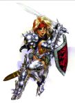  1girl armor armored_boots blonde_hair boots dagger fantasy glint green_eyes headband holding holding_shield holding_sword holding_weapon knife non-web_source open_mouth original sheath sheathed shield shirow_masamune short_hair solo spiked_armor sword teeth upper_teeth_only weapon white_background 