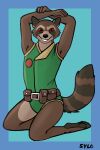  2024 anthro belt brown_body brown_fur clothed clothing digital_media_(artwork) fur guardians_of_the_galaxy hi_res leotard looking_at_viewer male mammal markings marvel procyonid raccoon red_eyes ring_(marking) ringed_tail rocket_raccoon simple_background smile solo striped_markings striped_tail stripes sylo tail tail_markings utility_belt 