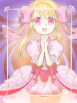  1girl blonde_hair chaos_marie_(grimms_notes) dress frills grimms_notes hair_ribbon long_hair open_mouth own_hands_together pink_eyes puffy_short_sleeves puffy_sleeves purple_background ribbon short_sleeves solo suzushiro_0111 teeth upper_teeth_only wings 