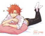  1boy alonemistrist dated feet_up fire_emblem fire_emblem:_three_houses garreg_mach_monastery_uniform happy_birthday highres looking_at_viewer lying male_focus on_pillow on_stomach one_eye_closed orange_hair solo sylvain_jose_gautier 