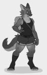 anthro backpack band-aid band-aid_on_face band-aid_on_nose bandage bandage_on_face bandage_on_nose bottomwear clothing digitigrade dragon fur furred_dragon furred_scalie hi_res male monochrome mythological_creature mythological_scalie mythology retros scalie shirt shorts simple_background solo standing tank_top topwear white_background 