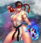  breasts brown_hair fingerless_gloves genderswap genderswap_(mtf) gloves headband large_breasts ryuu_(street_fighter) solo street_fighter watermark zhang_wei_yi 