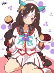  1girl absurdres animal_ears black_gloves braid breasts ear_covers eating food gloves highres hokko_tarumae_(umamusume) horse_ears horse_girl horse_tail jimo_jimon looking_at_viewer low_twin_braids multicolored_hair purple_eyes skirt smile solo tail twin_braids two-tone_hair umamusume white_skirt 