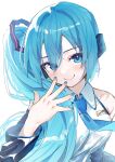  1girl alternate_hairstyle blue_eyes blue_hair blue_nails blush closed_mouth detached_sleeves dot_nose hatsune_miku highres long_hair looking_at_viewer nail_polish smile solo vocaloid wasemkn white_background 