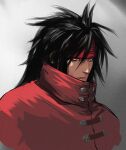  1boy black_hair cloak closed_mouth commentary dargain_x final_fantasy final_fantasy_vii final_fantasy_vii_rebirth final_fantasy_vii_remake gradient_background hair_between_eyes headband high_collar long_hair male_focus portrait red_cloak red_eyes red_headband solo spiked_hair upper_body vincent_valentine 