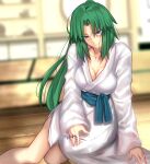  1girl alternate_costume arm_support blurry blurry_background breasts cleavage closed_mouth collarbone commentary_request depth_of_field green_eyes green_hair hair_between_eyes highres higurashi_no_naku_koro_ni indoors iro_(sekaixiro) japanese_clothes kimono large_breasts long_hair long_sleeves miko nail obi ponytail sash sidelocks sitting smile solo sonozaki_mion translation_request very_long_hair white_kimono wide_sleeves wooden_floor 