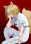  1girl absurdres animal_ear_fluff animal_ears arm_at_side blonde_hair closed_mouth commentary_request defeat feet_out_of_frame fox_ears fox_girl fox_tail from_side green_ribbon hair_between_eyes hand_up highres knee_up kudamaki_tsukasa looking_at_viewer medium_hair nara_(gsx250r_anzio) neck_ribbon profile red_background ribbon scar scar_on_arm scar_on_face scar_on_leg simple_background sitting sleeve_ribbon slit_pupils solo tail tail_raised torn_clothes touhou white_romper yellow_eyes 