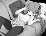  1girl blush breasts breasts_out couch greyscale highres long_hair lying miniskirt monochrome nipples on_back open_clothes open_shirt original pantyhose pillow pleated_skirt skirt small_breasts smile solo takakura two_side_up 