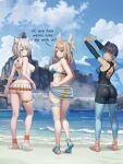  3girls animal_ears ass beach bikini blue_eyes blue_footwear blue_one-piece_swimsuit blue_sky blunt_bangs blurry blurry_background braid breasts cat_ears cloud cloudy_sky commission day english_text eunie_(xenoblade) feet fiery_hair full_body green_eyes grey_footwear grey_hair heel_up highres impossible_clothes impossible_swimsuit kneepits large_breasts legs light_brown_hair looking_back mio_(xenoblade) mountainous_horizon multiple_girls nipples ocean one-piece_swimsuit sandals sena_(xenoblade) side_ponytail sky smile standing swept_bangs swimsuit toenails toes vodka13 white_footwear xenoblade_chronicles_(series) xenoblade_chronicles_3 yellow_eyes 