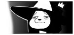  2023 anthro biped black_and_white clothed clothing comic crown domestic_cat felid feline felis female hat headgear headwear magic_user mammal monochrome regret solo spincraze standing witch_costume witch_hat 