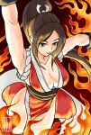  1girl bare_shoulders breasts brown_eyes brown_hair cleavage cowboy_shot fatal_fury fire hand_up high_ponytail highres looking_at_viewer ninja pelvic_curtain red_background revealing_clothes shihu_zou shiranui_mai smile snk snk_heroines:_tag_team_frenzy solo the_king_of_fighters 