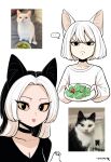  ... 2girls absurdres animal_ears artist_self-insert black_eyes black_hair black_shirt breasts cat cat_ears cat_girl choker cleavage collarbone colored_sclera creature_and_personification food frown gegegekman highres holding holding_food lizard long_hair looking_at_viewer multicolored_hair multiple_girls original parted_bangs photo_inset reference_inset salad scowl shirt short_hair signature tongue tongue_out two-tone_hair v-shaped_eyebrows white_background white_hair white_shirt yellow_sclera 
