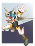  1boy armor black_background commentary copy_x_(mega_man) forehead_jewel full_body gradient_background green_helmet grey_background highres male_focus mechanical_wings mega_man_(series) mega_man_zero_(series) protected_link solo wagiri_pencil weapon white_armor white_background wings 