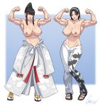  2girls abs absurdres alternate_muscle_size animal_print ass_visible_through_thighs beehive_hairdo biceps bird_print black_hair breasts cirenk clenched_hands commission deltoids eyeliner flexing floral_print full_body grey_hakama hair_ribbon hairband hakama highres huge_breasts japanese_clothes kazama_jun looking_at_viewer makeup mature_female mishima_kazumi_(tekken) mole mole_under_eye multiple_girls muscular muscular_female navel nipples pants print_hakama print_pants red_eyeliner red_ribbon ribbon sagging_breasts sandals shiny_skin short_hair sidelocks socks tabi tekken tekken_7 tekken_8 thigh_gap time_paradox toeless_footwear topless trait_connection triceps updo white_hairband white_pants white_socks 