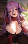  1girl apron azur_lane black_apron blush breasts cleavage cleavage_cutout clothing_cutout curled_horns friedrich_carl_(a_game_of_love)_(azur_lane) friedrich_carl_(azur_lane) highres horns large_breasts long_hair long_sleeves looking_at_viewer open_mouth pantyhose purple_eyes purple_hair red_sweater smile solo sweater thighs tofuubear 