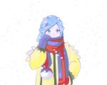  1boy blue_eyes blue_hair blue_mittens commentary eyelashes grusha_(pokemon) hand_up jacket long_sleeves looking_up majyo_(witch_poke) male_focus mittens poke_ball_print pokemon pokemon_sv red_scarf scarf scarf_over_mouth solo striped_clothes striped_scarf symbol-only_commentary upper_body white_background yellow_jacket 