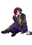  1boy absurdres black_footwear blood blood_in_hair blood_on_face blood_on_hands blue_hair chinese_commentary closed_eyes commentary_request dark_blue_hair grey_shirt hair_between_eyes hand_in_own_hair highres long_sleeves male_focus no_nose official_style purple_robe robe saibou_shinkyoku shirt short_hair simple_background sitting smile solo stole utsugi_noriyuki white_background wotmyijingwuyuwuqiule 