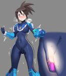  1girl arm_cannon armor black_bodysuit blue_footwear blush bodysuit breasts brown_hair censored clenched_teeth clitoral_stimulation cosplay covered_navel covered_nipples dildo grey_background heart heart_censor high_ponytail highres hope_stelar_(mega_man) long_hair medium_breasts mega_man_(series) mega_man_star_force motion_lines multiple_views object_insertion power_armor pussy_juice sex_toy simple_background star_force_mega_man star_force_mega_man_(cosplay) teeth trembling ukimukai vaginal vaginal_object_insertion weapon x-ray 