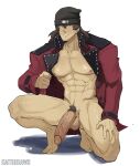  1boy abs aragaki_shinjirou artist_name bara bare_pectorals beanie black_beanie brown_hair coat hair_between_eyes half-erect hat highres kaito_(kaitobaras) large_pectorals large_penis male_focus male_pubic_hair medium_hair muscular muscular_male naked_coat nipples on_one_knee open_clothes open_coat pectorals penis persona persona_3 pubic_hair simple_background solo trench_coat veins veiny_penis white_background 