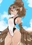  1girl absurdres bare_shoulders breasts brown_feathers brown_hair brown_wings claws commentary commission english_commentary evelyn_(kibix1) feathered_wings feathers glasses hair_ornament hairclip harpy high_ponytail highres long_hair looking_at_viewer monster_girl multicolored_hair one-piece_swimsuit open_mouth orange_eyes original pointy_ears ponytail round_eyewear second-party_source small_breasts solo streaked_hair swimsuit white_hair white_one-piece_swimsuit wide_hips winged_arms wings zanamaoria 