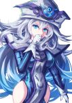  1girl blue_dress blue_eyes commentary_request dashinoya dress duel_monster gloves hair_between_eyes hat hip_vent long_hair long_sleeves looking_at_viewer silent_magician solo white_background white_gloves white_hair white_hat wizard_hat yu-gi-oh! 