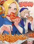  2girls absurdres beret blonde_hair blue_capelet blue_hat blue_robe braid bright_pupils capelet choker cinnamon_roll closed_eyes commentary dungeon_meshi eating elbow_on_table elf english_commentary falin_touden falin_touden_(tallman) fast_food fingernails food food_in_mouth french_fries green_eyes hat highres holding holding_food holding_pizza lavelis light_blush light_brown_hair long_hair long_pointy_ears looking_at_food marcille_donato multiple_girls open_mouth pizza pizza_slice pointy_ears red_choker robe short_hair sleeves_past_elbows teeth tongue twin_braids white_pupils wide_sleeves 