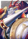  1boy absurdres armor arupg border digimon digimon_(creature) dukemon grey_background highres holding holding_polearm holding_shield holding_weapon knight lance male_focus polearm red_armor shield shoulder_armor solo weapon white_armor white_border white_helmet yellow_eyes 