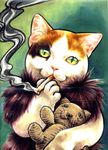 animal calico cat cigarette highres no_humans original smoke smoking stuffed_toy traditional_media uirina 