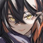  1girl black_hair carmine_(pokemon) close-up closed_mouth crossed_bangs eyelashes hair_between_eyes hand_in_own_hair looking_at_viewer mole mole_under_eye mone_(anemos) multicolored_hair pokemon pokemon_sv red_hair smile solo two-tone_hair upper_body yellow_eyes 