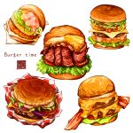  artist_logo artist_name bacon bread burger cheese chicken_(food) egg_(food) food food_focus fried_egg highres lettuce meat no_humans onion original simple_background white_background yuki00yo 