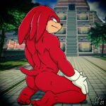  1:1 2022 anthro echidna fabfelipe fur hi_res kneeling knuckles_the_echidna looking_at_viewer looking_back looking_back_at_viewer male mammal monotreme muscular outside red_body red_fur sega solo sonic_the_hedgehog_(series) 