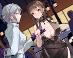  2girls absurdres bare_shoulders breasts brown_hair cleavage closed_mouth contender_(girls&#039;_frontline) contender_(opera_ghost)_(girls&#039;_frontline) dress dsr-50_(girls&#039;_frontline) dsr-50_(highest_bid)_(girls&#039;_frontline) girls&#039;_frontline gloves grey_hair halter_dress halterneck highres large_breasts long_sleeves multicolored_hair multiple_girls official_alternate_costume purple_gloves purple_hair red_eyes short_hair streaked_hair yanagui 